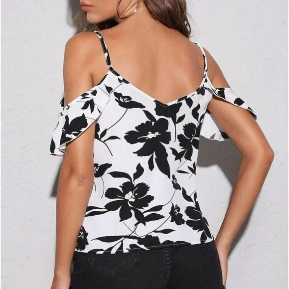 Boho floral print cold shoulder blouse